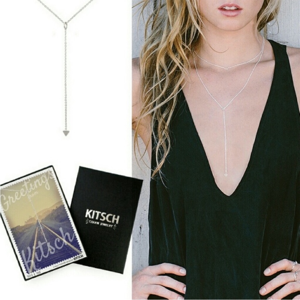 NEW Kitsch silver y shaped lariat chain necklace dainty delicate‎ triangle charm